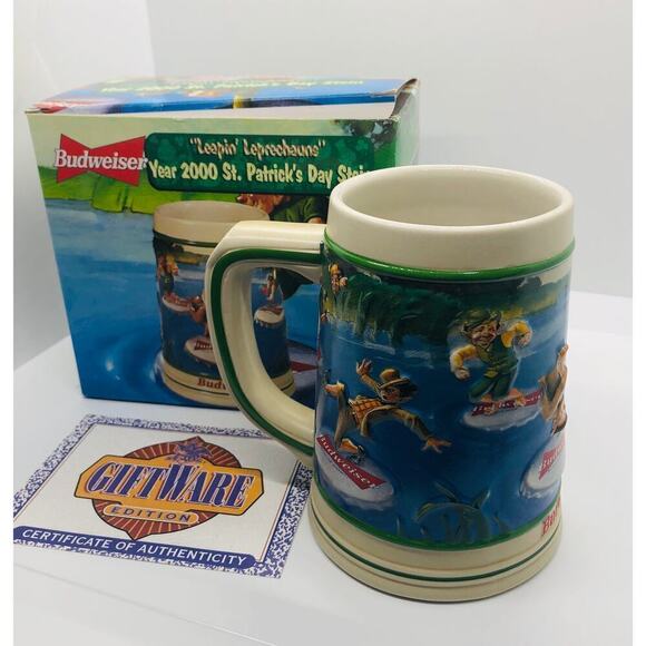 NIB 2000 Budweiser St. Patrick's Day Stein Leapin' Leprechauns Jag Mug 5.5" Tall - Picture 1 of 7